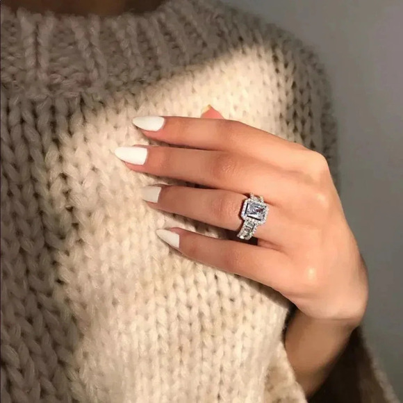 NEW! Sterling Silver Radiant-Cut Decorative Diamond Halo Engagement Ring - Picture 3 of 6